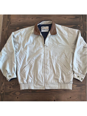 London Fog Men's M Long Beige Harrington Jacket Brown Collar Full Zip